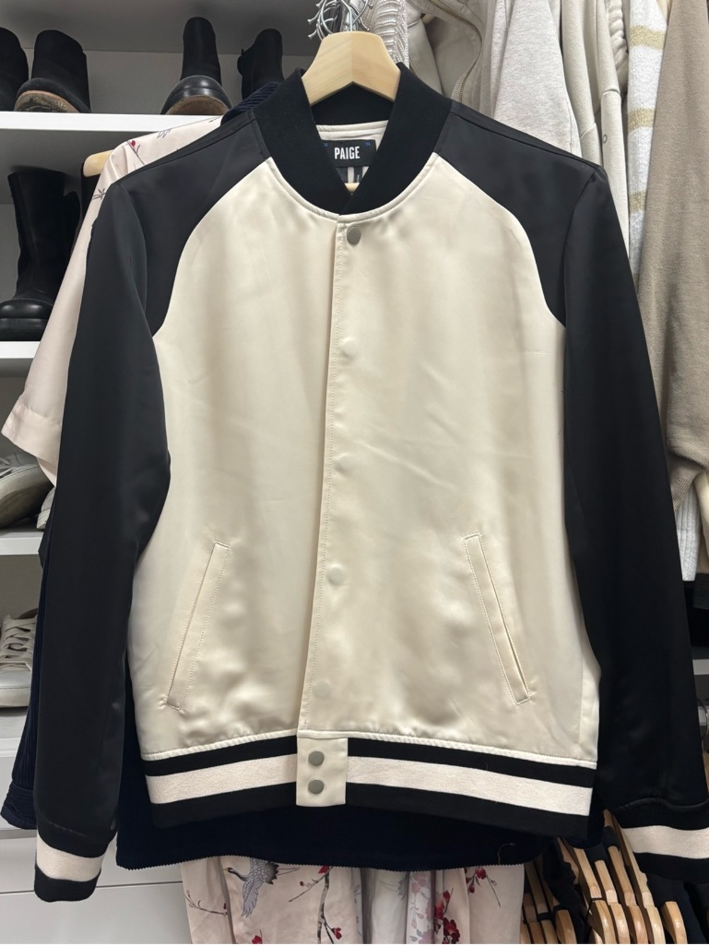 PAIGE Two-Tone Black and Cream Varsity Bomber Jacket